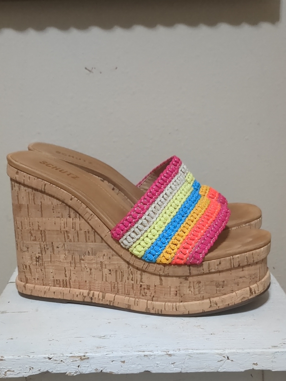 SCHUTZ Multicolor Crochet Stripe Cork Platform Wedges